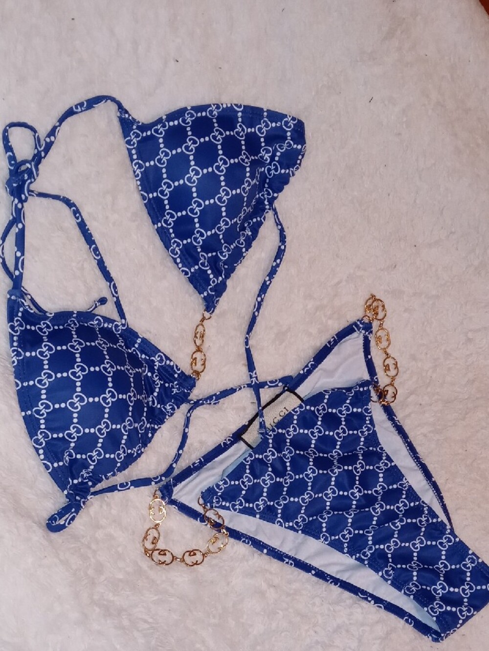 Gucci Blue GG Logo Triangle Chain Bikini - Picture 10 of 13